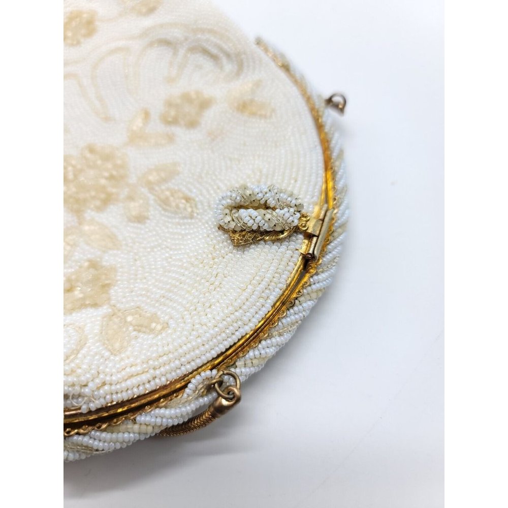 White Clear Glass Bead Beaded Floral Vintage Purse Clutch Evening Bag - Picture 3 of 4